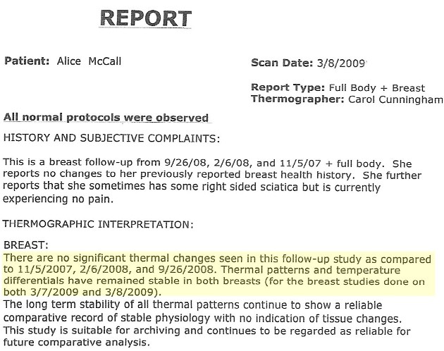 Alice McCall's Thermogram report showing breast health.